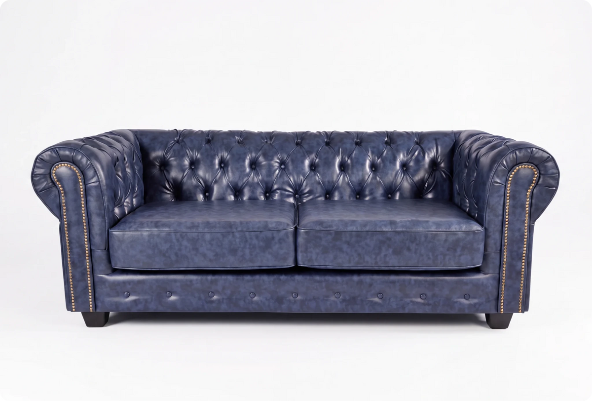 Chesterfield Blue Leather Antique 3 Seater Sofa