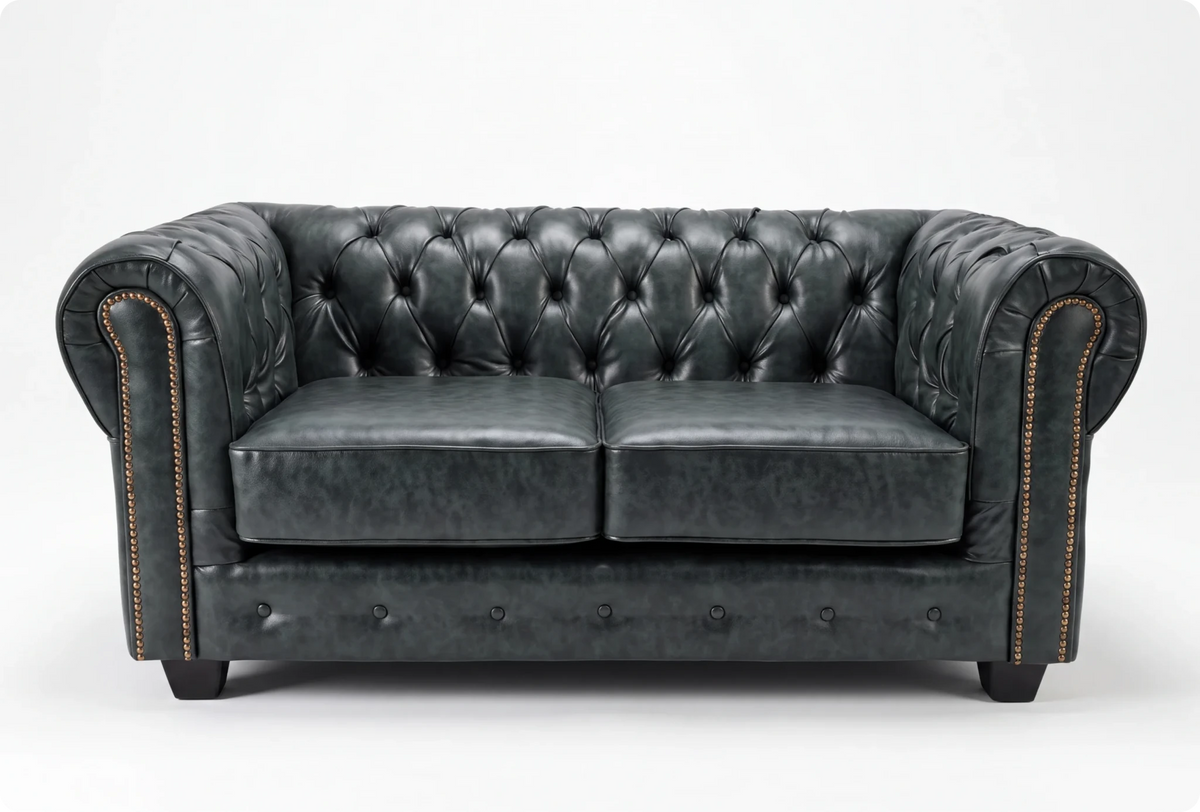 Chesterfield Green Leather Antique 2 Seater Sofa