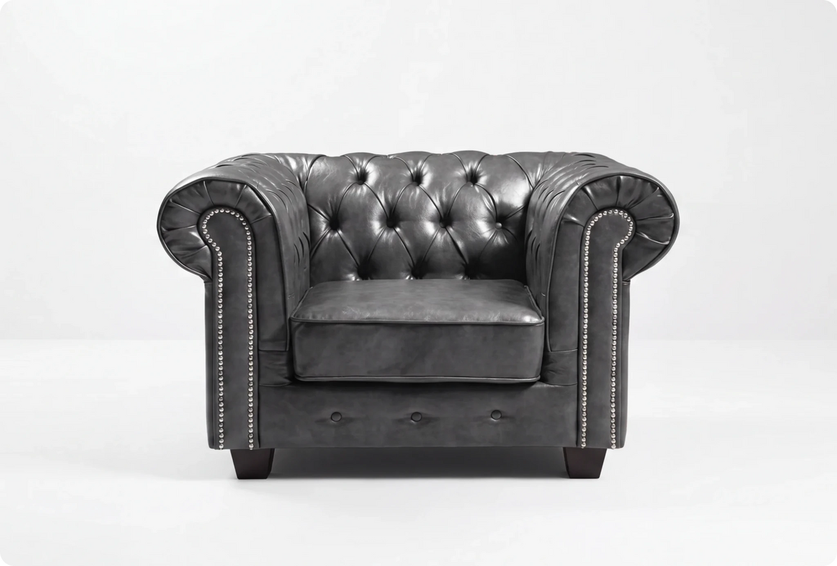 Chesterfield Grey Leather Antique Armchair