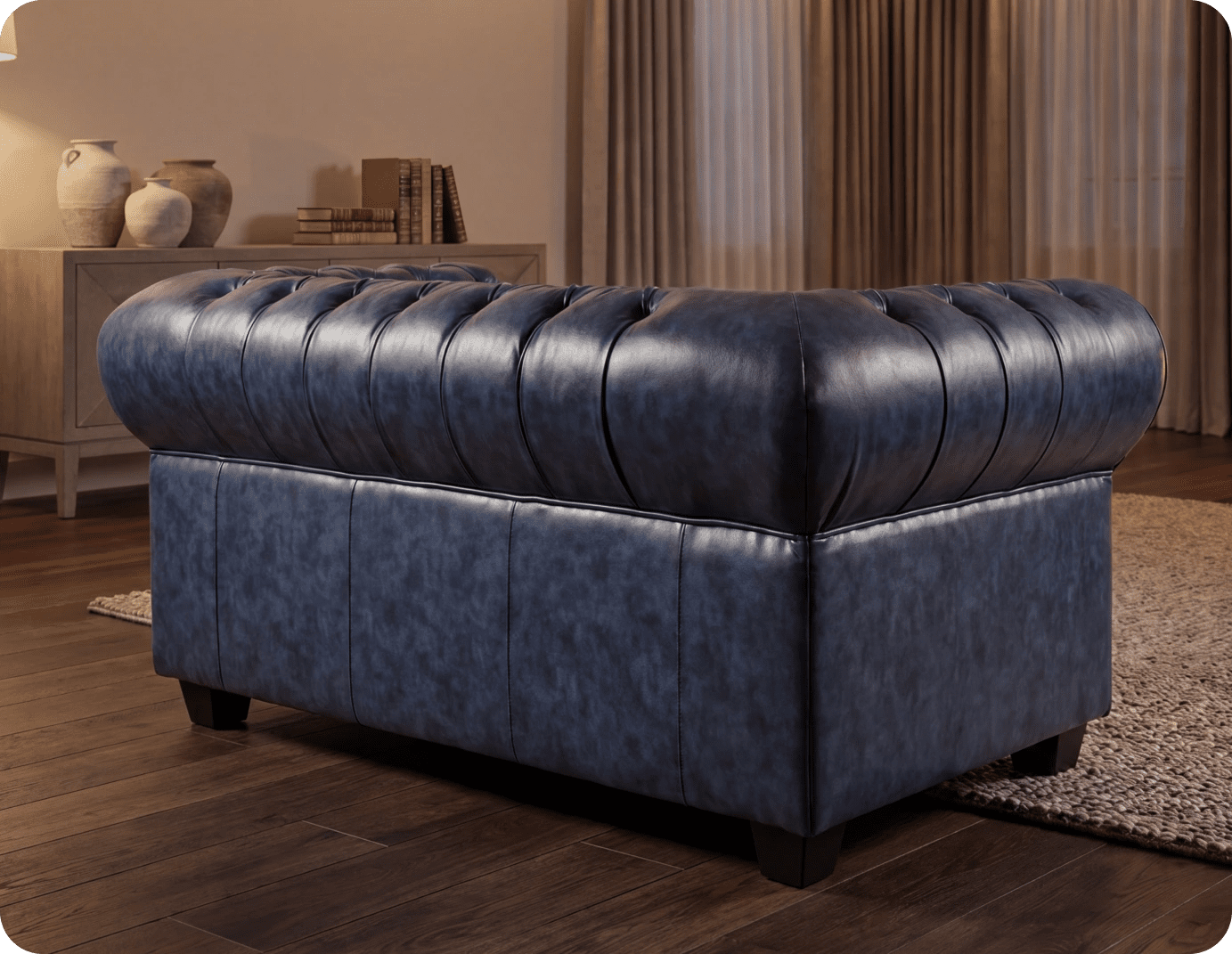 Chesterfield Blue Leather Antique 2 Seater Sofa