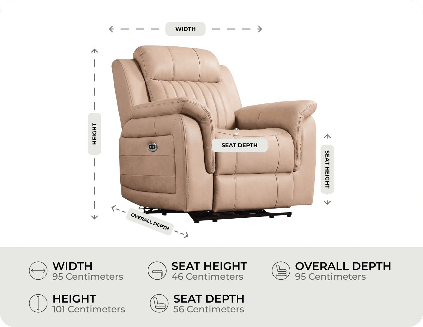 Martini Cream Leather Power Recliner Armchair measurement