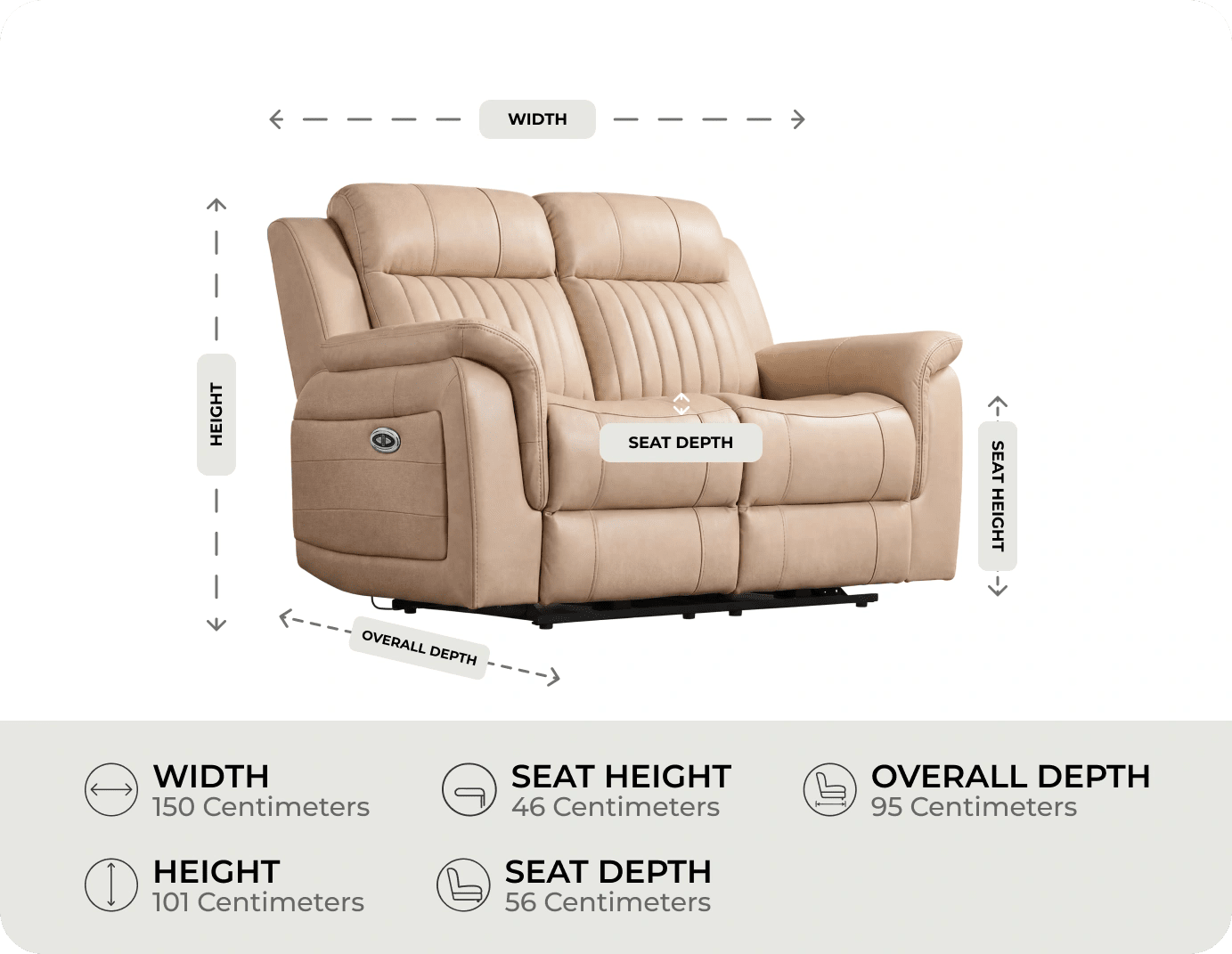 Martini Genuine Leather Cream Electric Power Recliner 2 Seater Sofa measurement