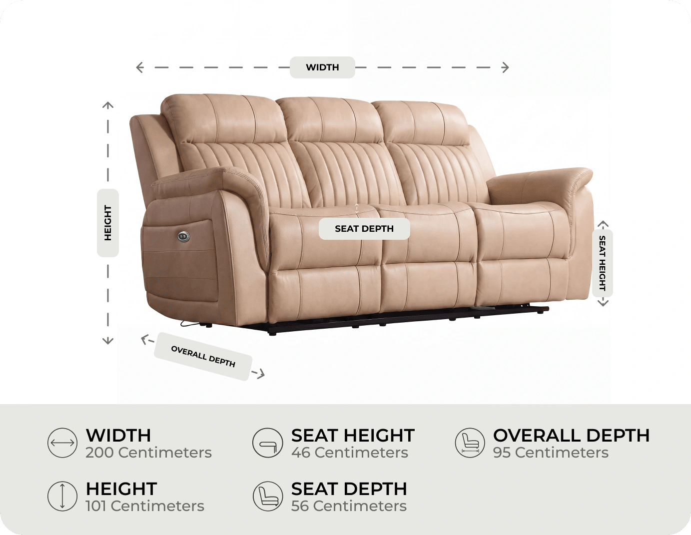 Martini Genuine Leather Cream Electric Power Recliner 3 Seater Sofa measurement