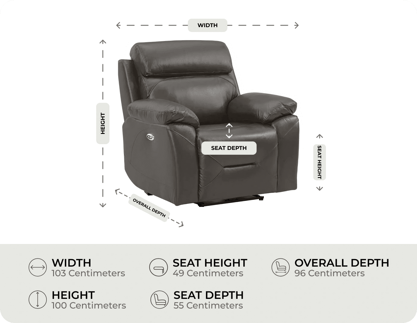 Milano Grey Leather Power Recliner Armchair measurement