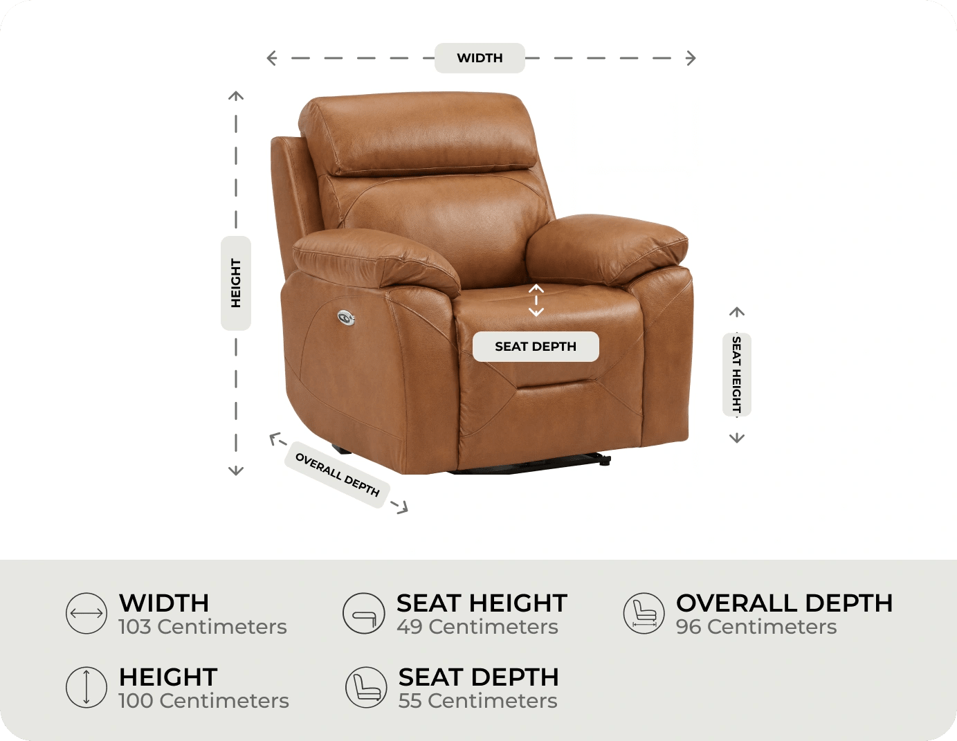 Milano Genuine Leather Caramel Electric Power Recliner Armchair measurement