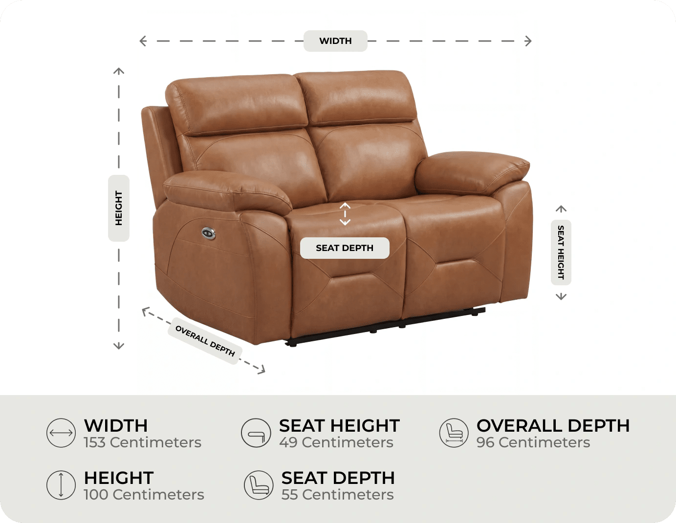 Milano Genuine Leather Caramel Electric Power Recliner 2 Seater Sofa measurement