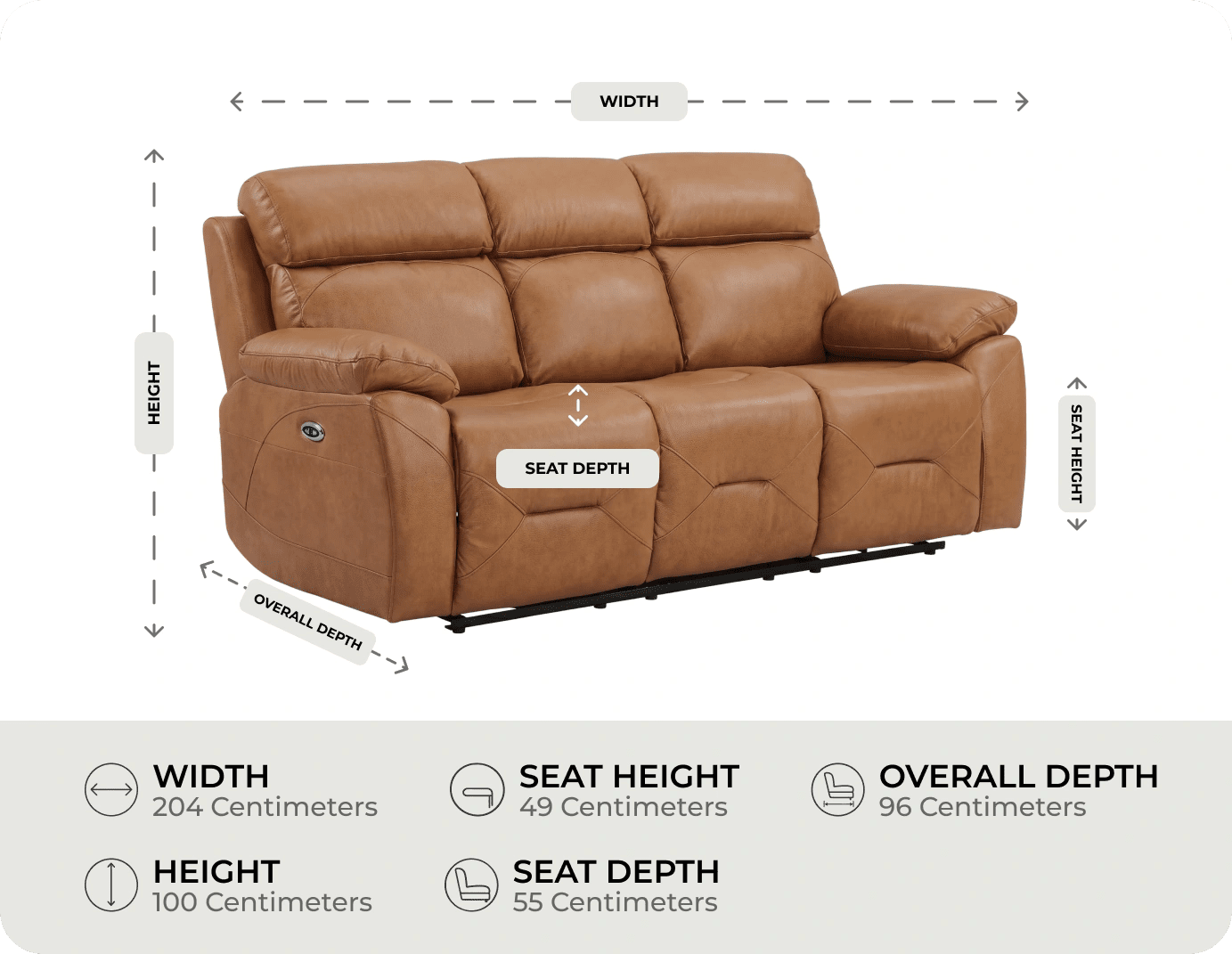 Milano Genuine Leather Caramel Electric Power Recliner 3 Seater Sofa measurement