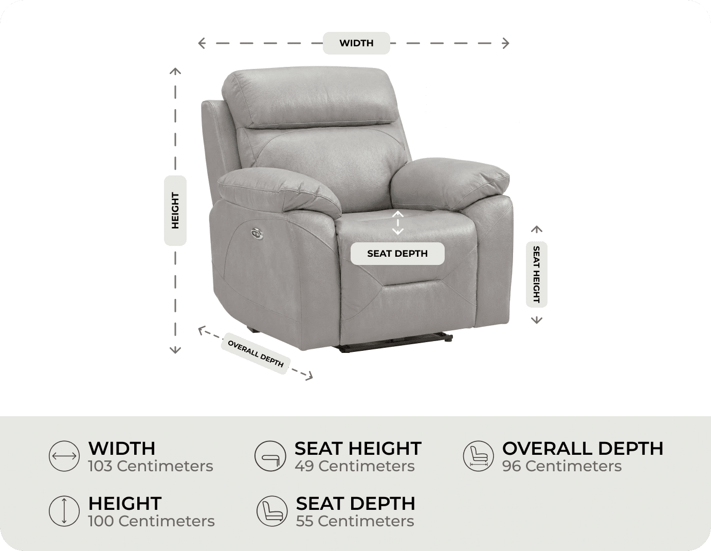 Milano Genuine Leather Light Grey Electric Power Recliner Armchair measurement
