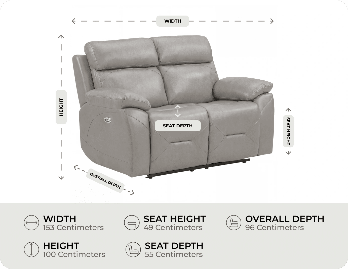 Milano Genuine Leather Light Grey Electric Power Recliner 2 Seater Sofa measurement