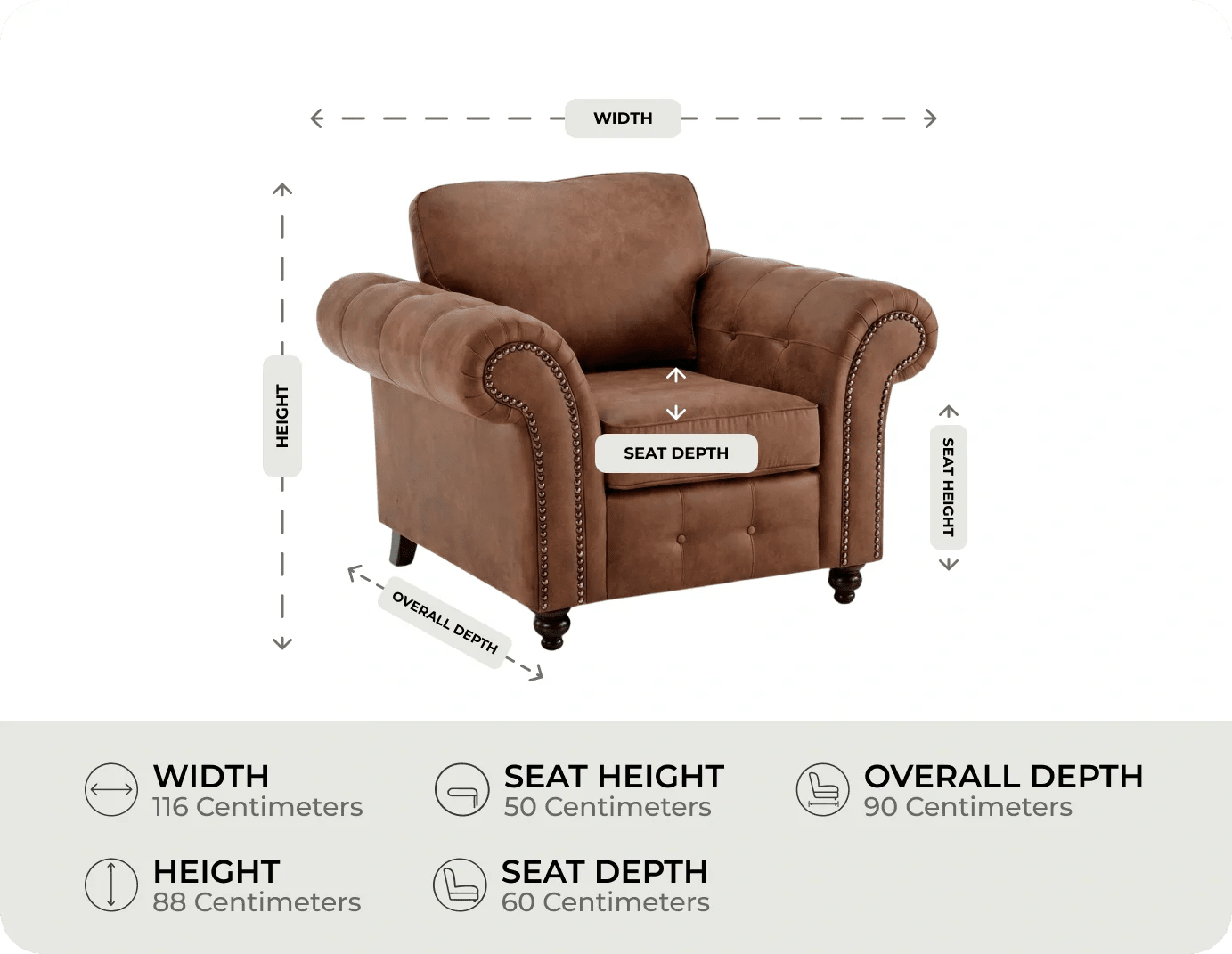 Savile Tan Suede Armchair measurements