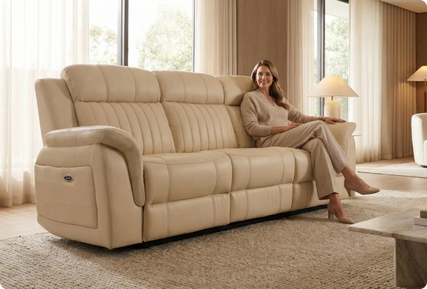 Martini Genuine Leather Cream Electric Power Recliner 3 Seater Sofa