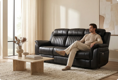 Martini Genuine Leather Black Electric Power Recliner 3 Seater Sofa
