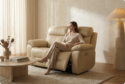 Milano Genuine Leather Cream Electric Power Recliner 2 Seater Sofa