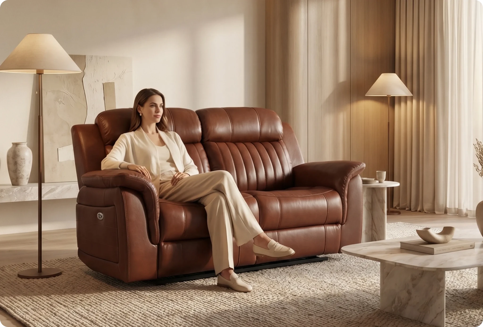 Martini Genuine Leather Tan Electric Power Recliner 2 Seater Sofa