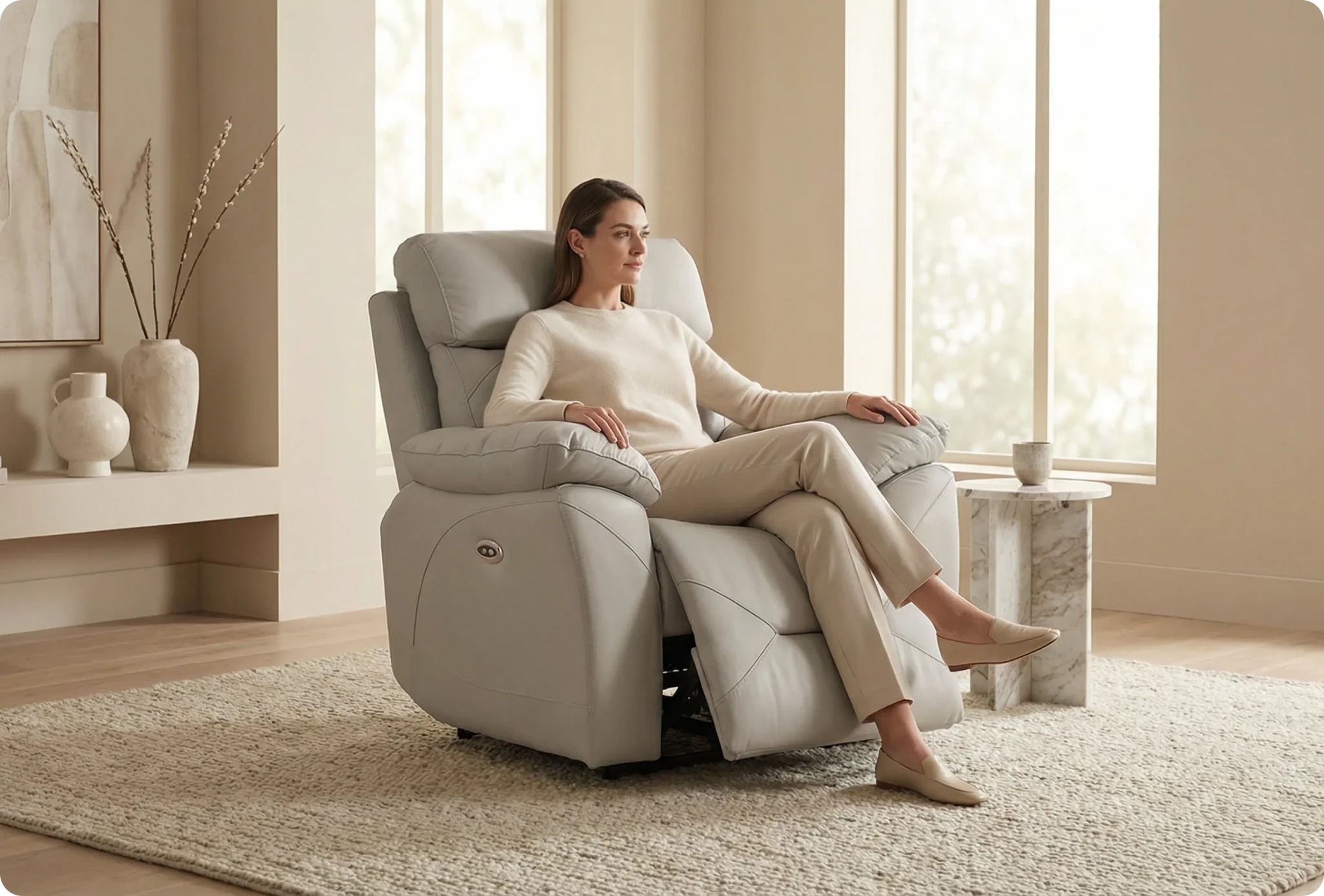 Milano Genuine Leather Light Grey Electric Power Recliner Armchair