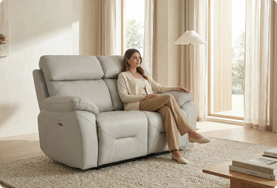 Milano Genuine Leather Light Grey Electric Power Recliner 2 Seater Sofa