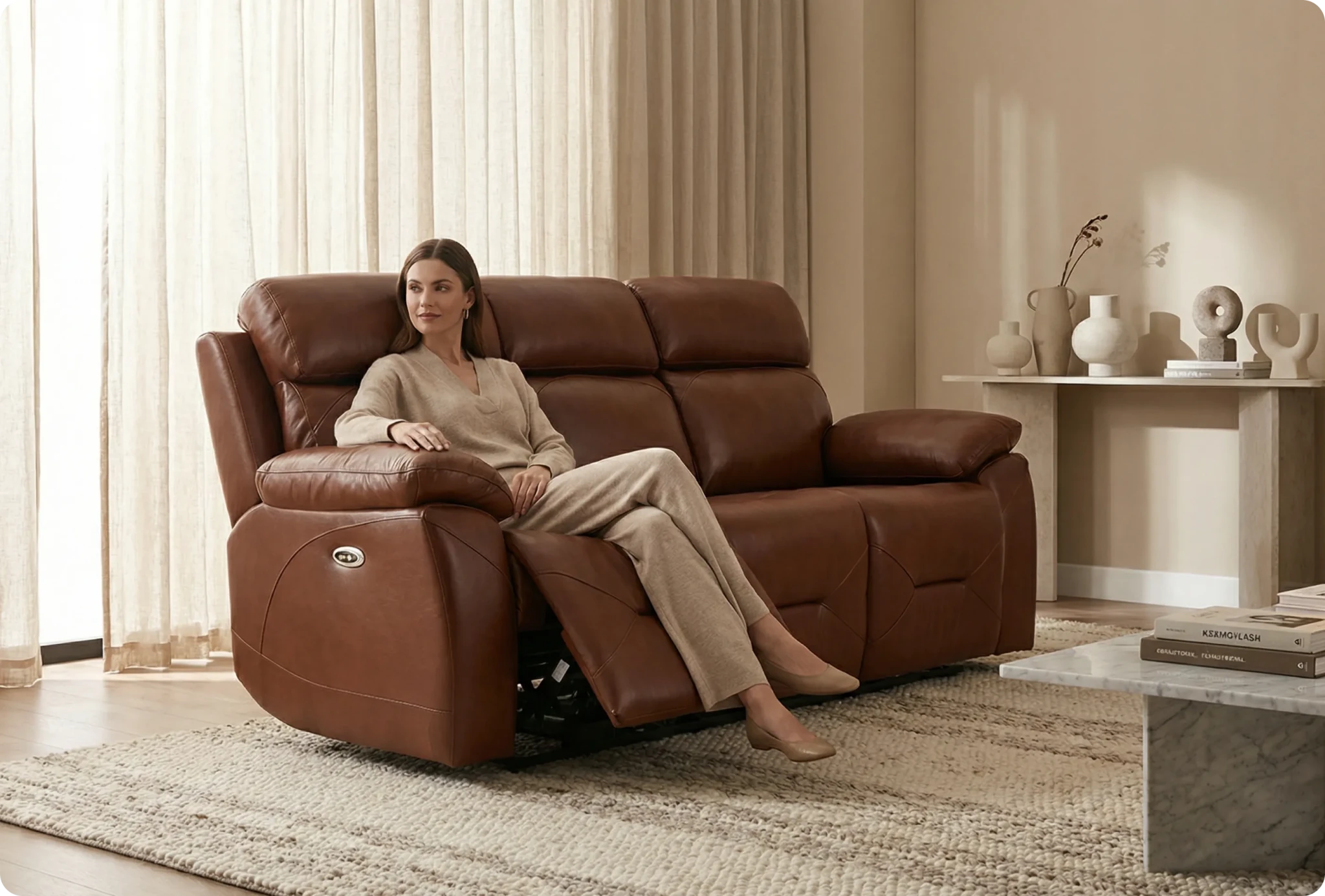 Milano Genuine Leather Tan Electric Power Recliner 3 Seater