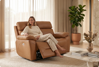 Milano Genuine Leather Caramel Electric Power Recliner 2 Seater Sofa