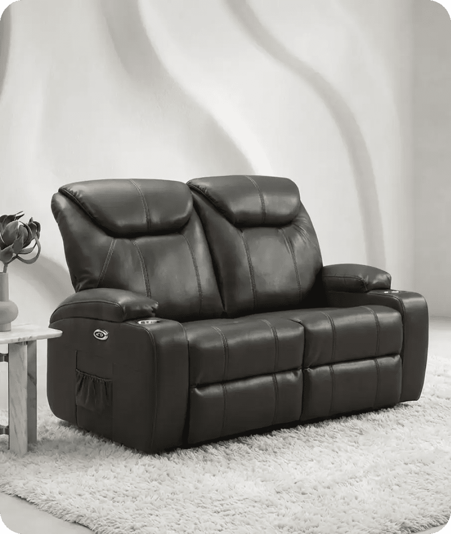 Cinemax Grey Electric 2 Seater Leather Recliner Sofa With Two Cup Holders