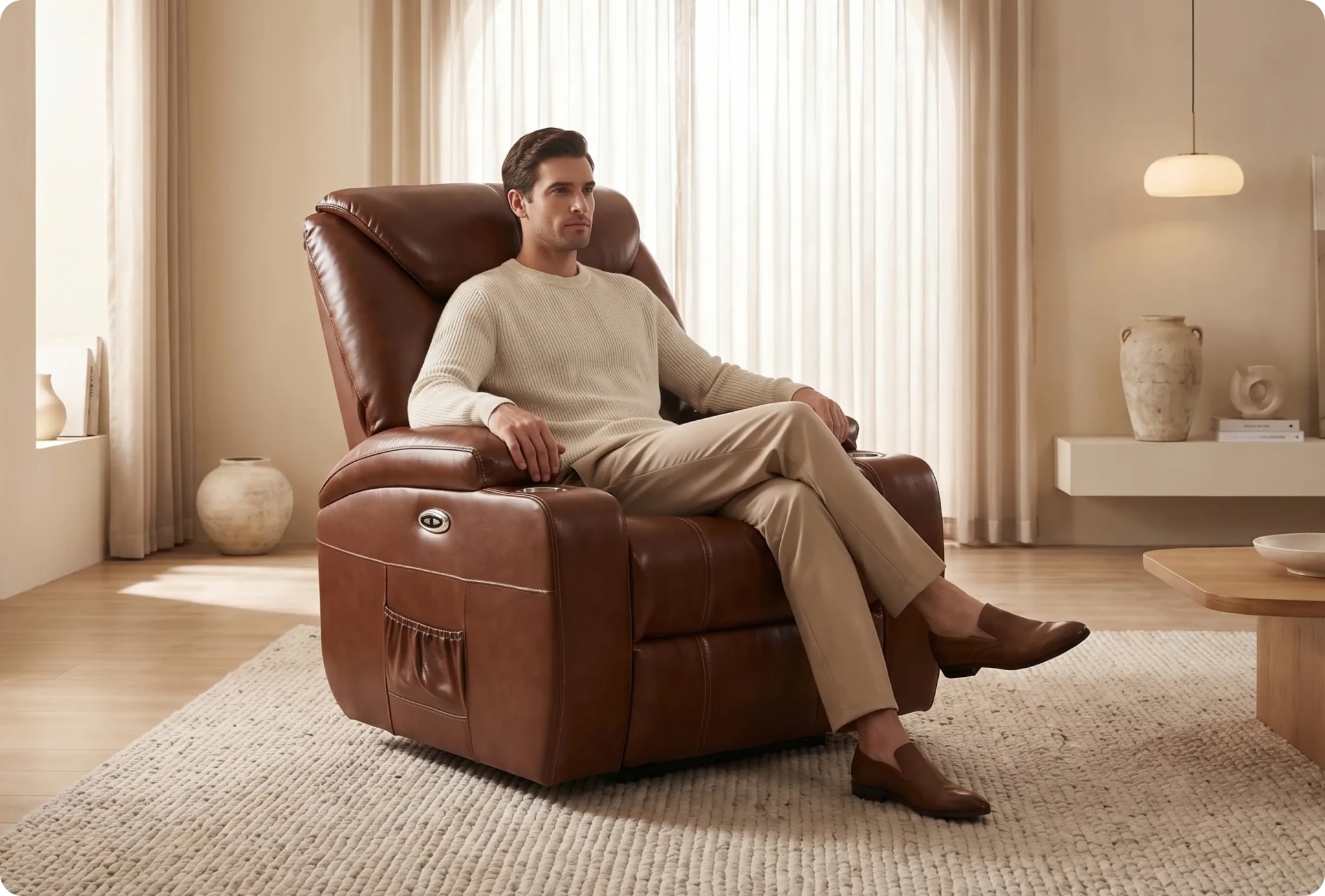 Cinemax Tan Electric Leather Recliner Armchair With Two Cup Holders