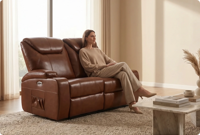 Cinemax Tan Electric 2 Seater Leather Recliner Sofa With Two Cup Holders