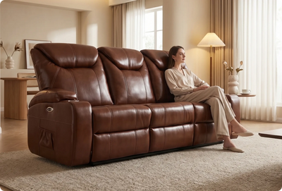 Cinemax Tan Electric Leather 3 Seater Recliner Sofa With Two Cup Holders