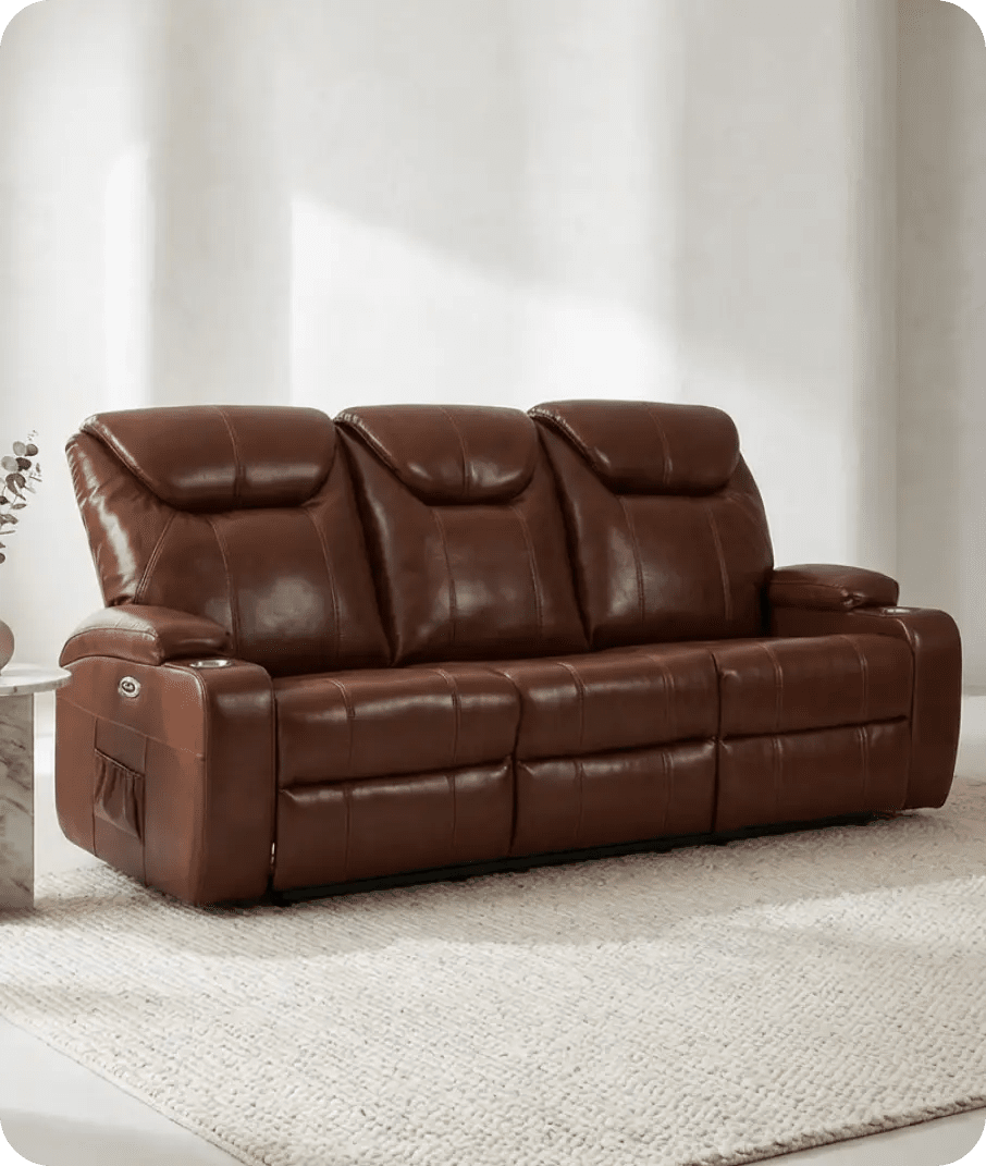 Cinemax Tan Electric Leather 3 Seater Recliner Sofa With Two Cup Holders