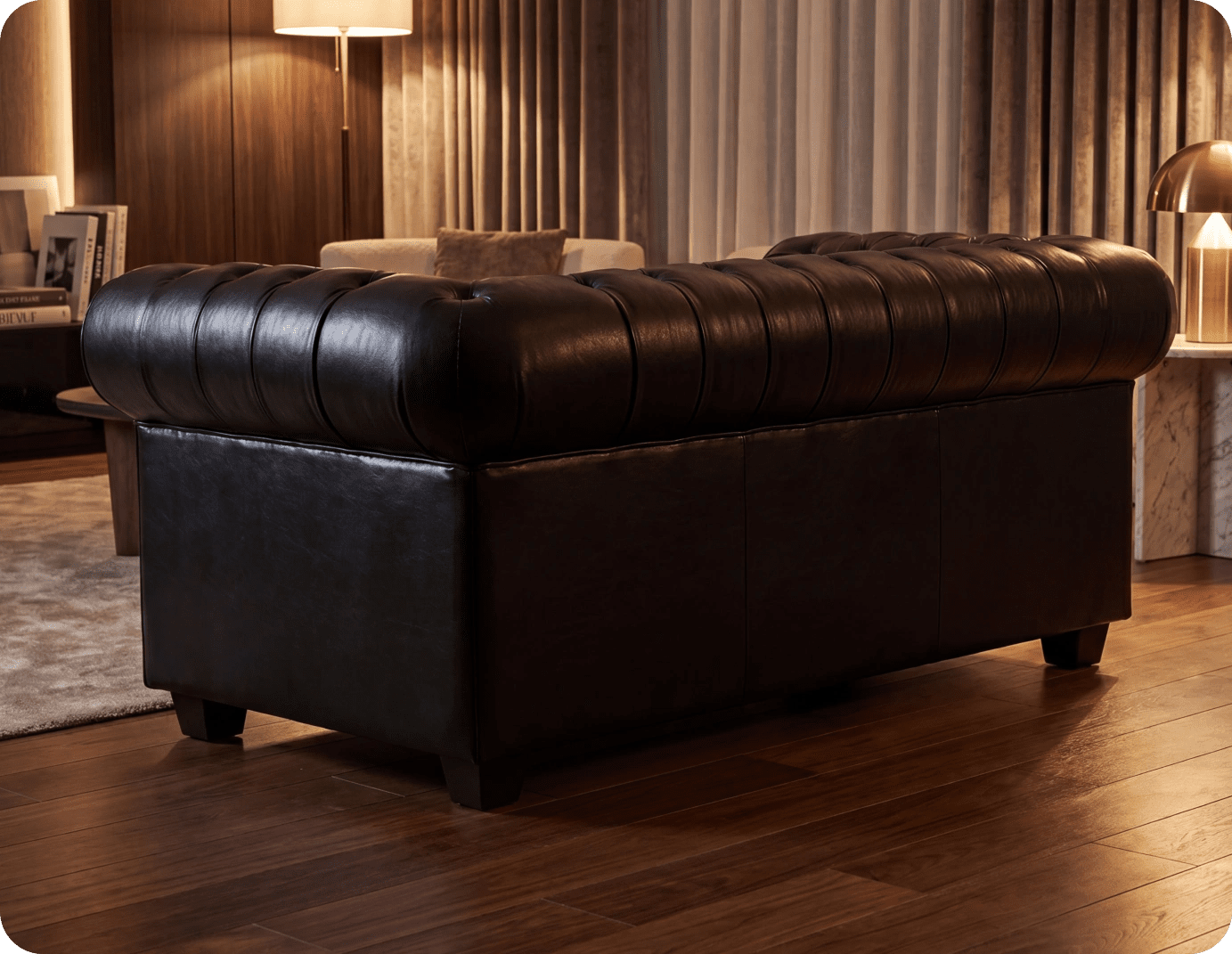 Chesterfield Black Leather Antique 2 Seater Sofa