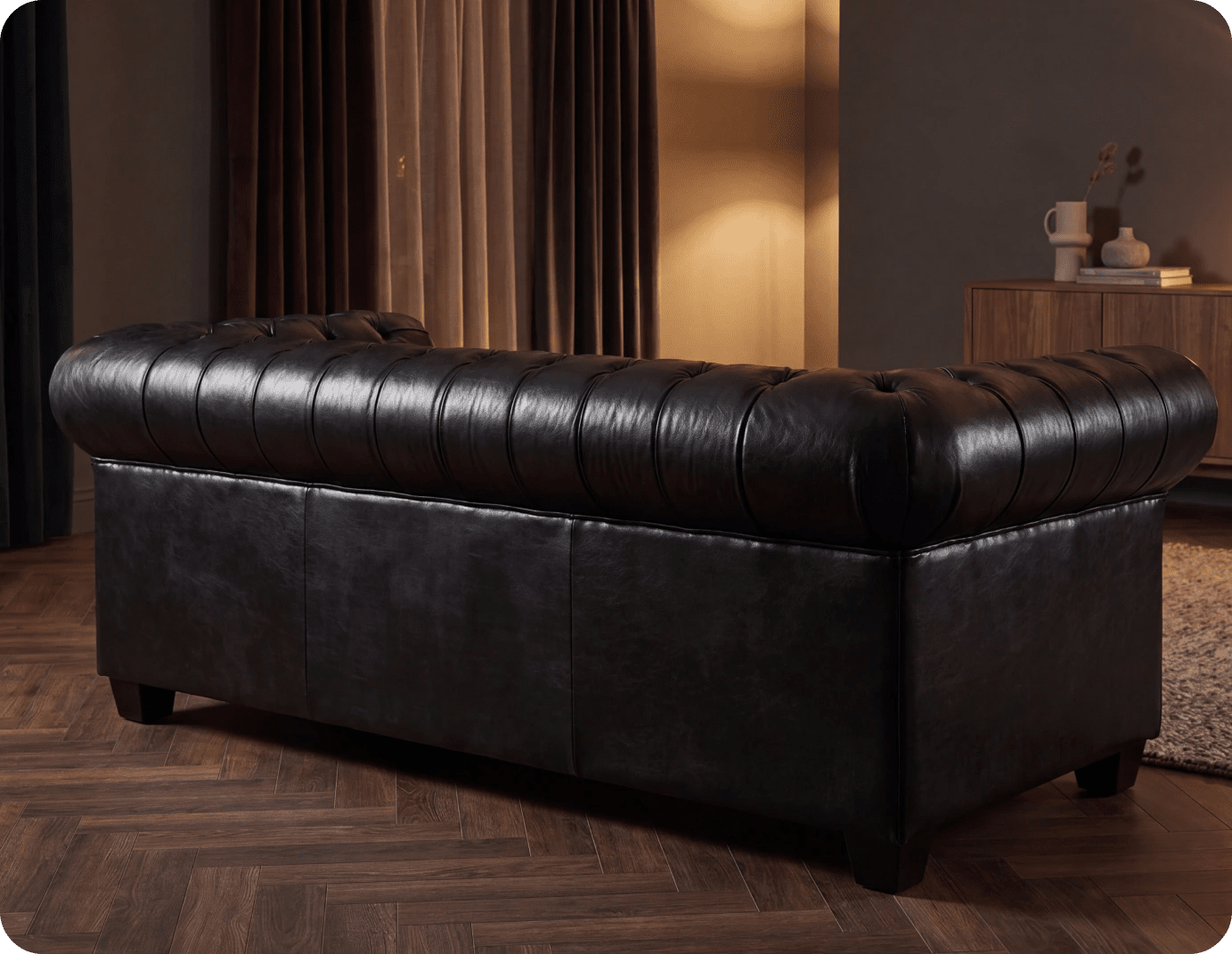 Chesterfield Black Leather Antique 3 Seater Sofa