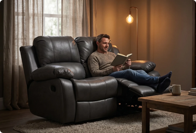 York Grey Leather 2 Seater Manual Recliner Sofa