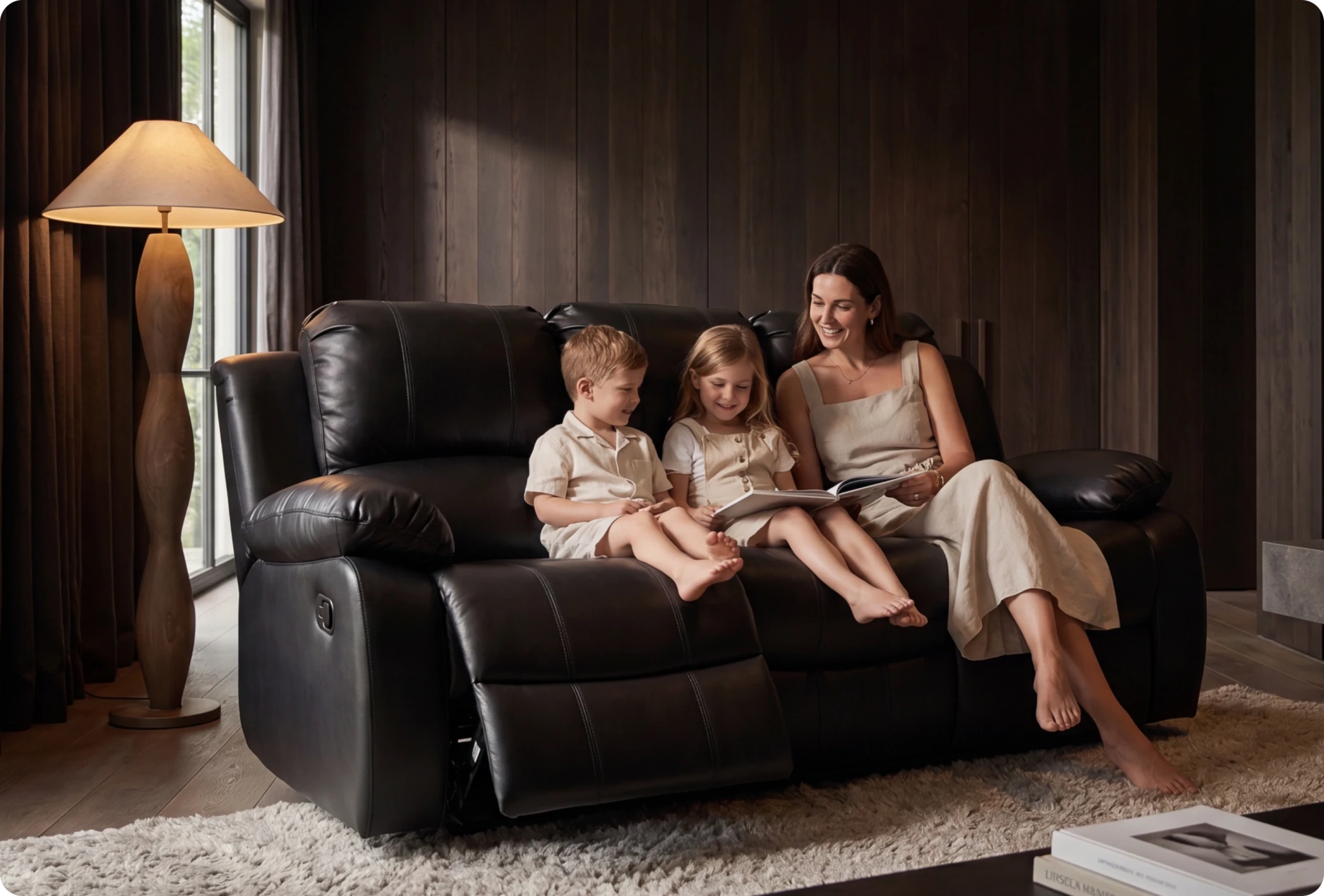 York Black Leather 3 Seater Manual Recliner Sofa