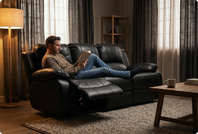 York Black Leather 3 Seater Manual Recliner Sofa