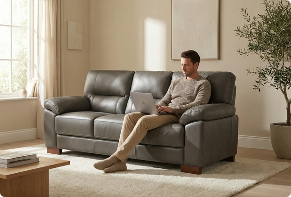 Dalmore Genuine Leather Grey 3 Seater Sofa