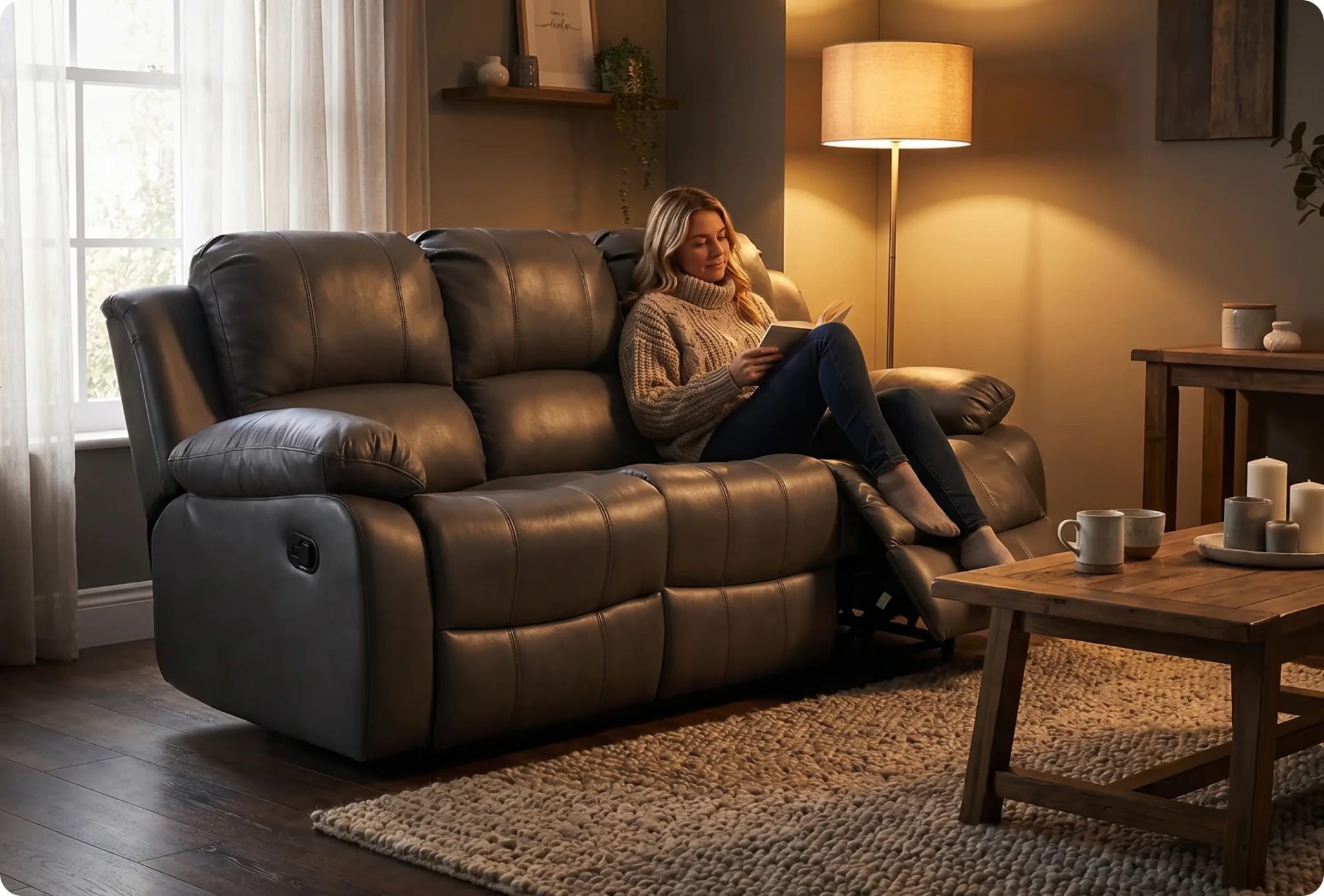 York Grey Leather 3 Seater Manual Recliner Sofa