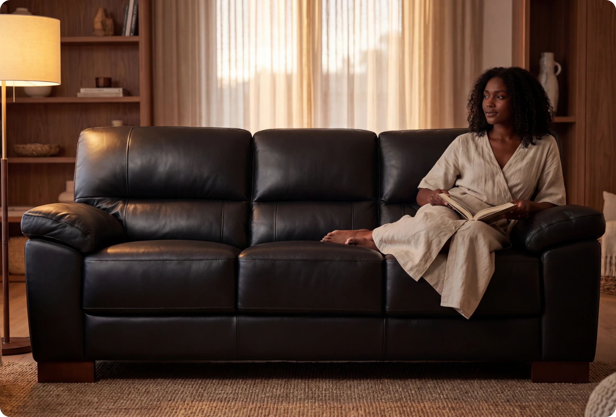 Dalmore Genuine Leather Black 3 Seater Sofa
