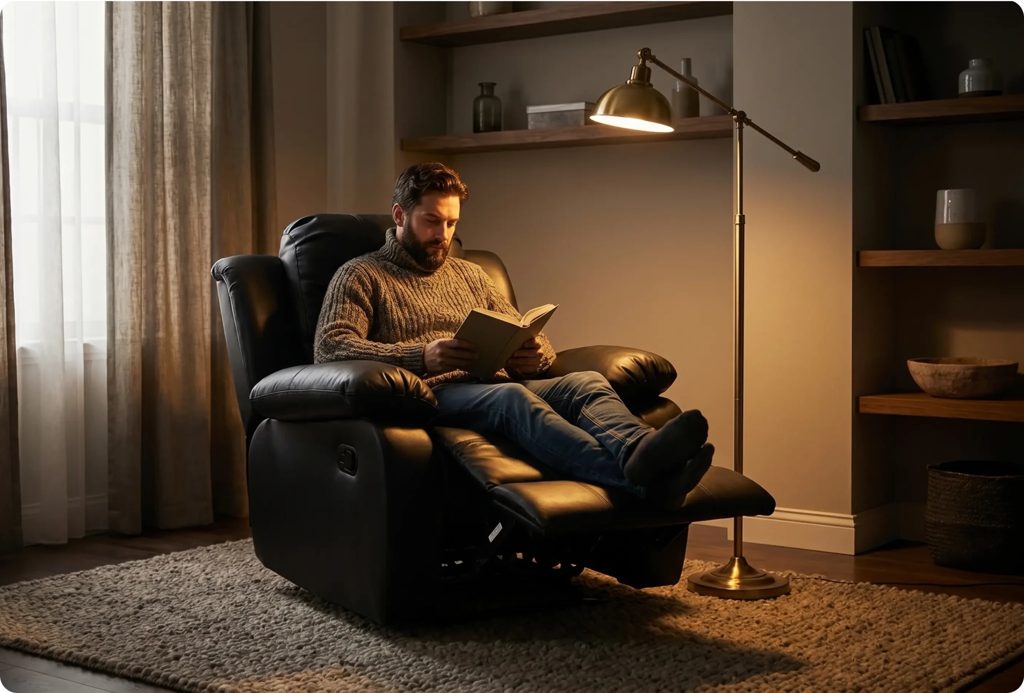 York Black Leather Manual Recliner Armchair