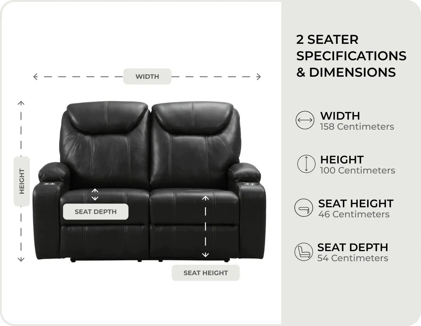 Cinemax Black Leather Recliner 2 Seater Sofa measurements
