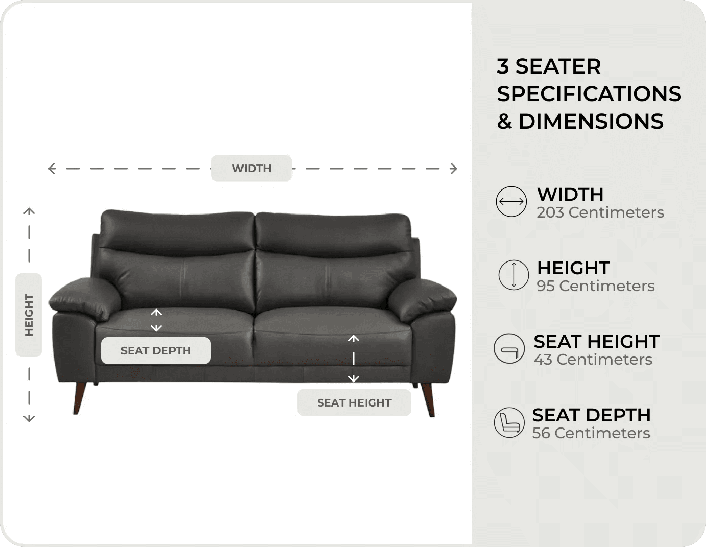 Ascot Grey Leather 3 seater measurements