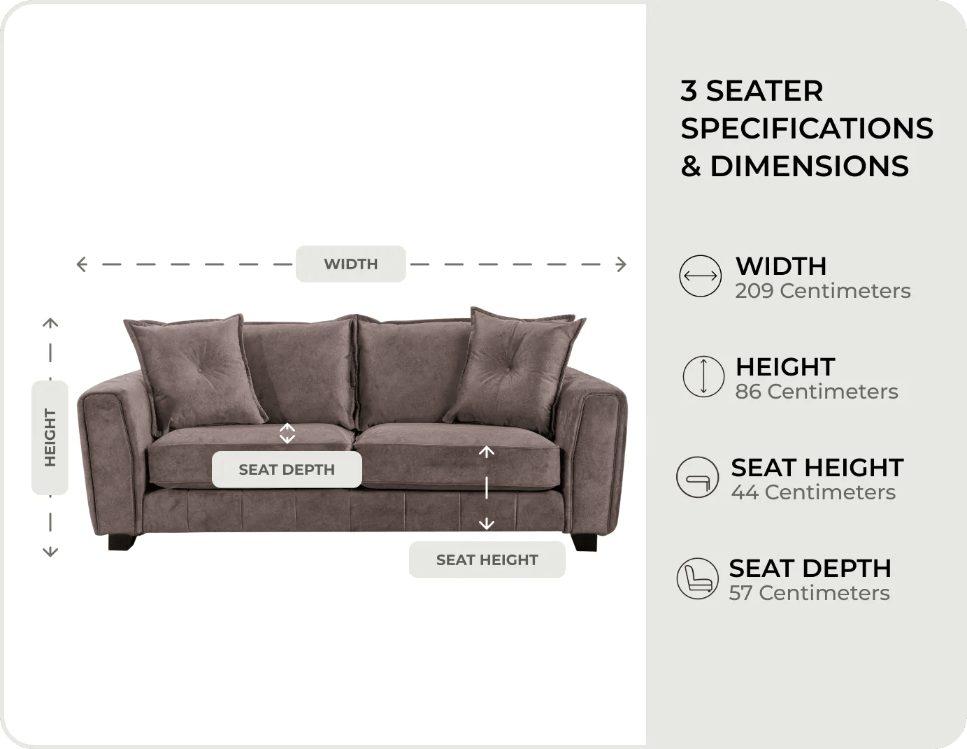 Richmond Brown Fabric 3 Seater Sofa measurements