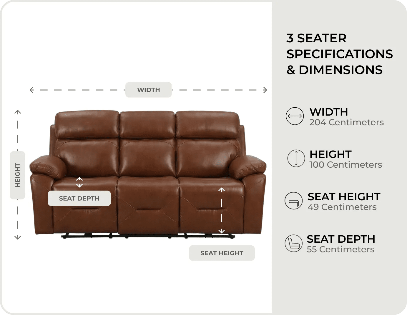 Milano Genuine Leather Tan Electric Power Recliner 3 Seater