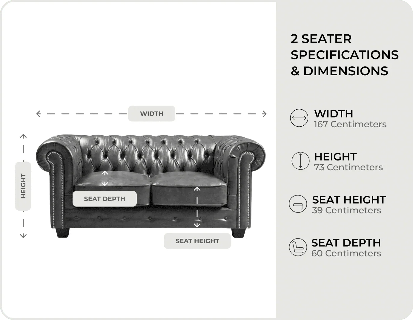 Windsor Classic Grey Leather 2 Seater Sofa measurements