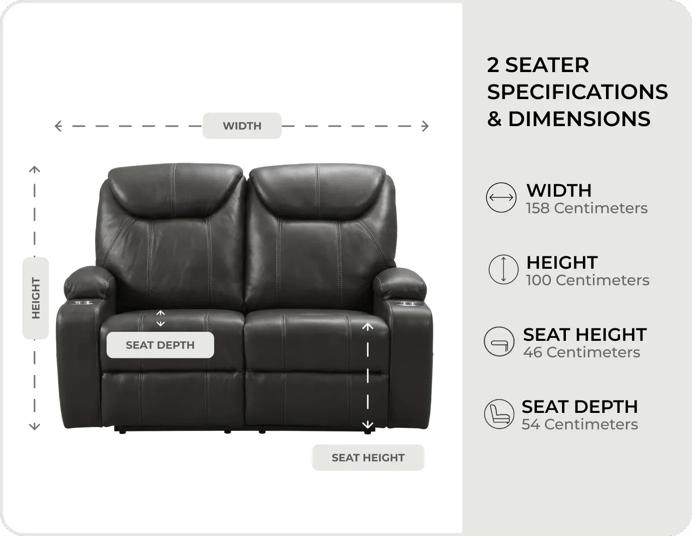 Cinemax Grey Leather Recliner 2 Seater Sofa measurements