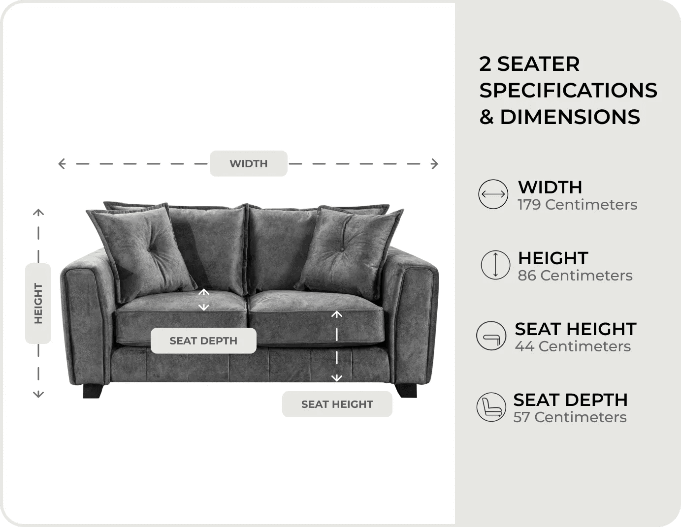Richmond Grey Fabric 2 Seater Sofa measurements