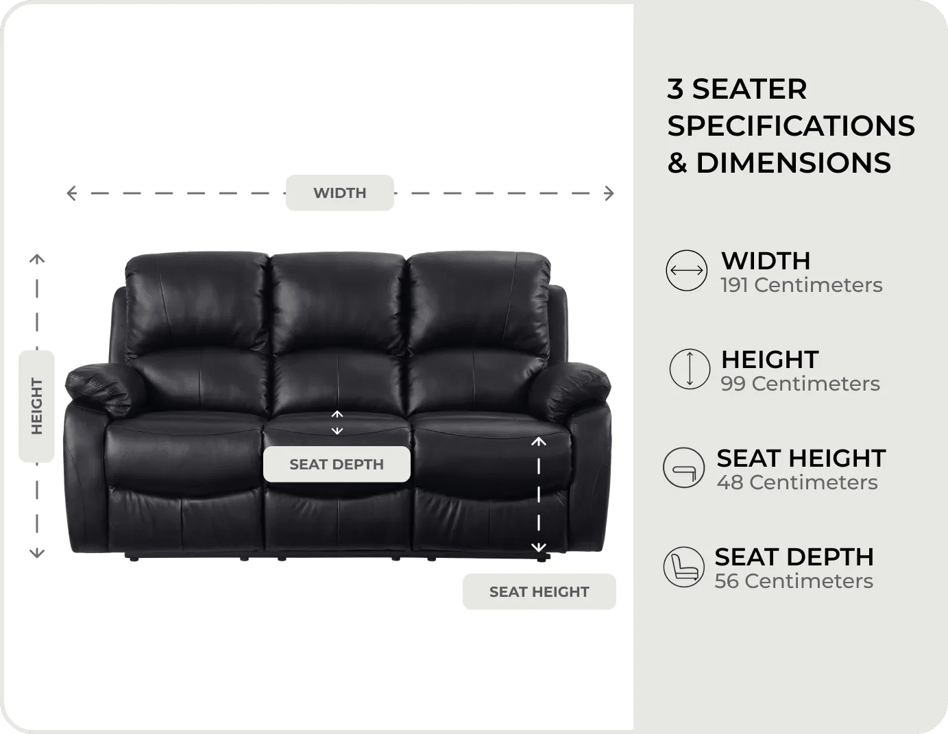 Serano Black Leather Manual Recliner 3 Seater Sofa measurements