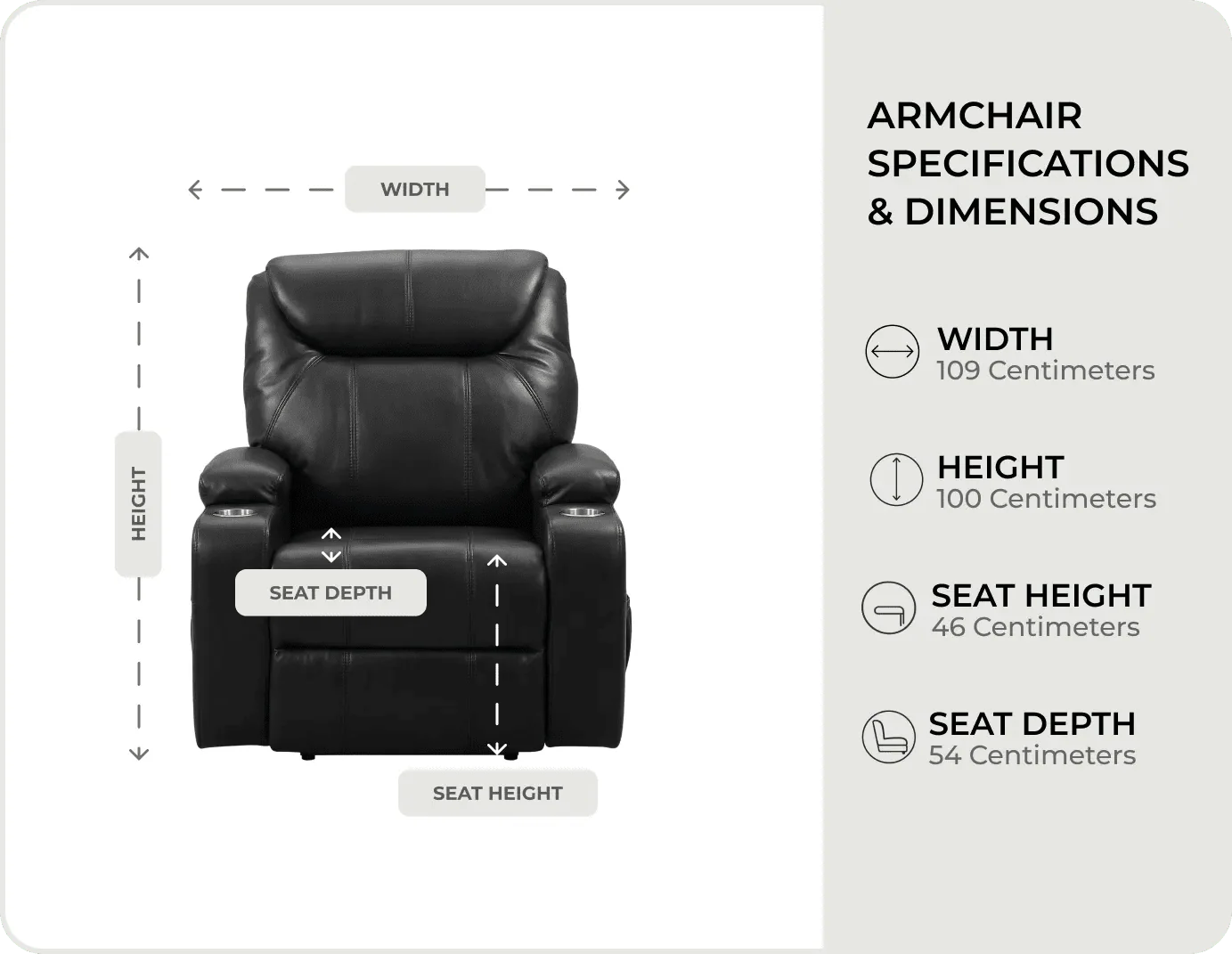 Cinemax Black Leather Recliner Armchair measurements