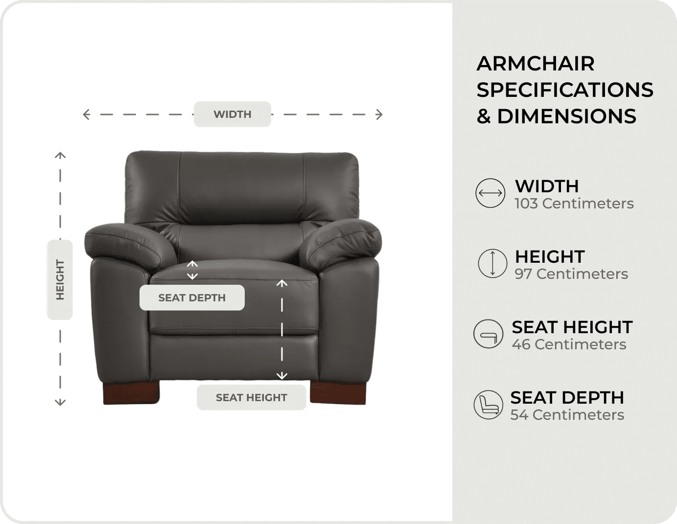 Dalmore Grey Leather Armchair measurements