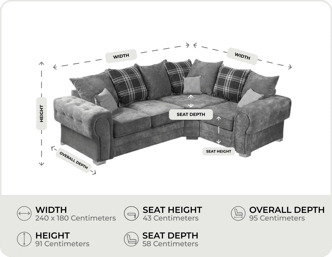 Florence Scatter Grey Fabric Right Corner Sofa measurements