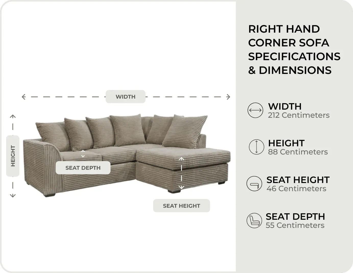 Oxford Caramel Fabric Right Hand Corner Sofa measurements