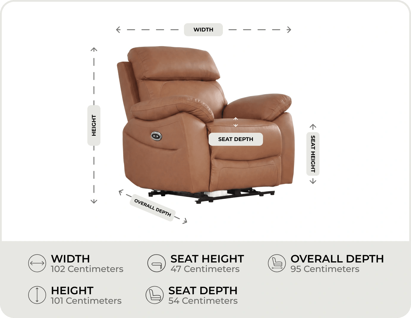 Torino Genuine Leather Caramel Electric Power Recliner Armchair
measurements