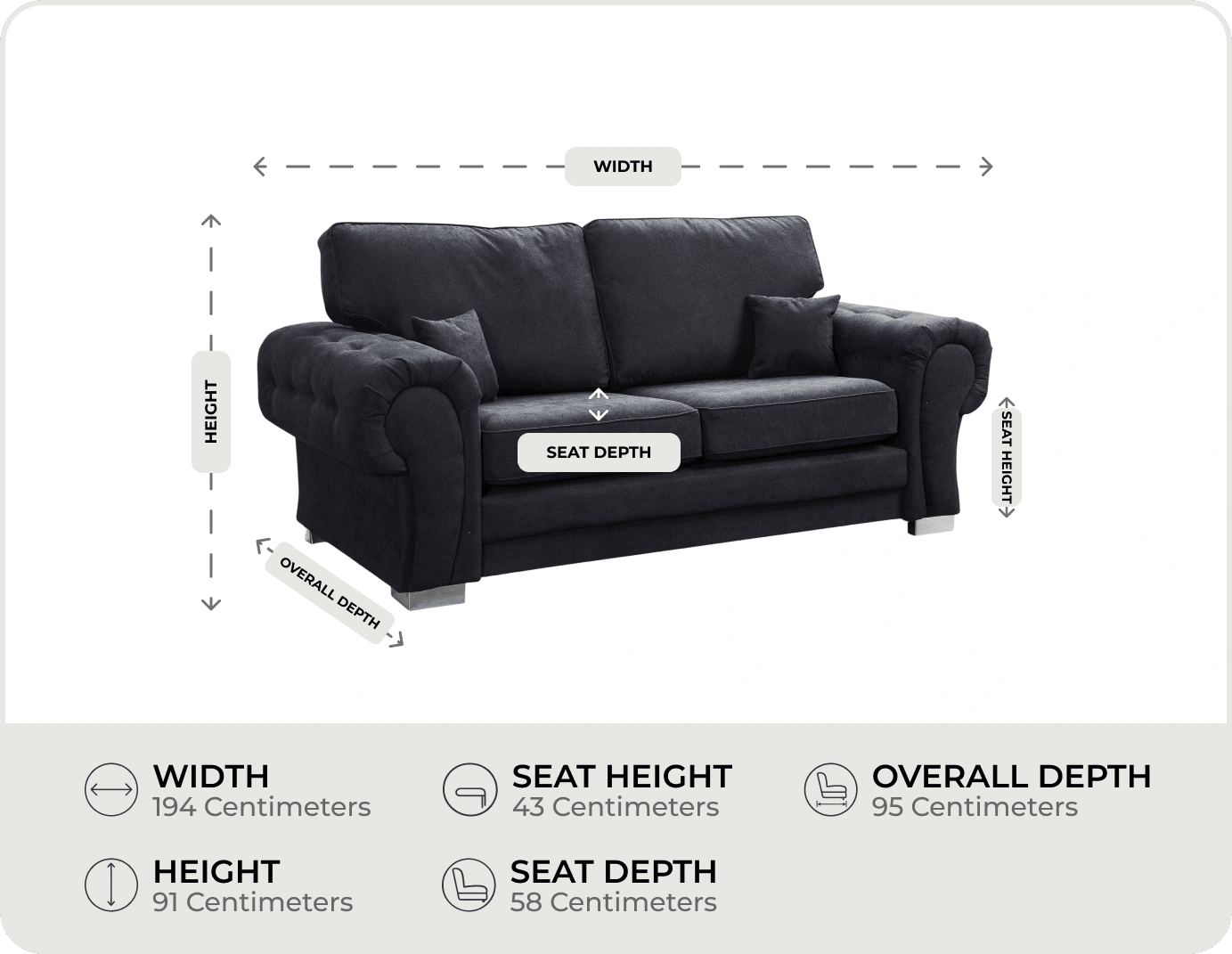 Florence High Back Black Fabric 3 Seater Sofa Bed measurements